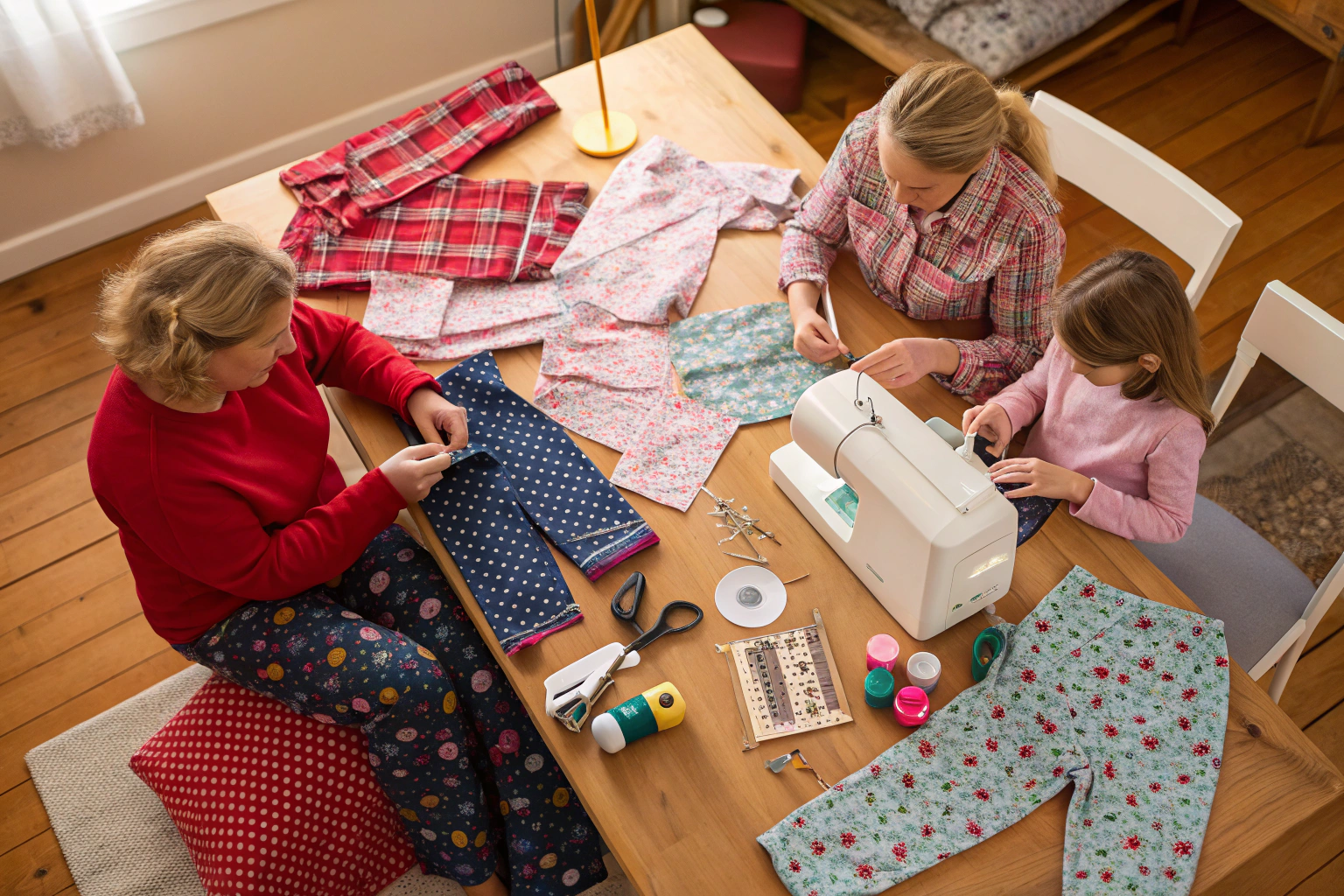 Family project sewing pajamas together with everyone at home
